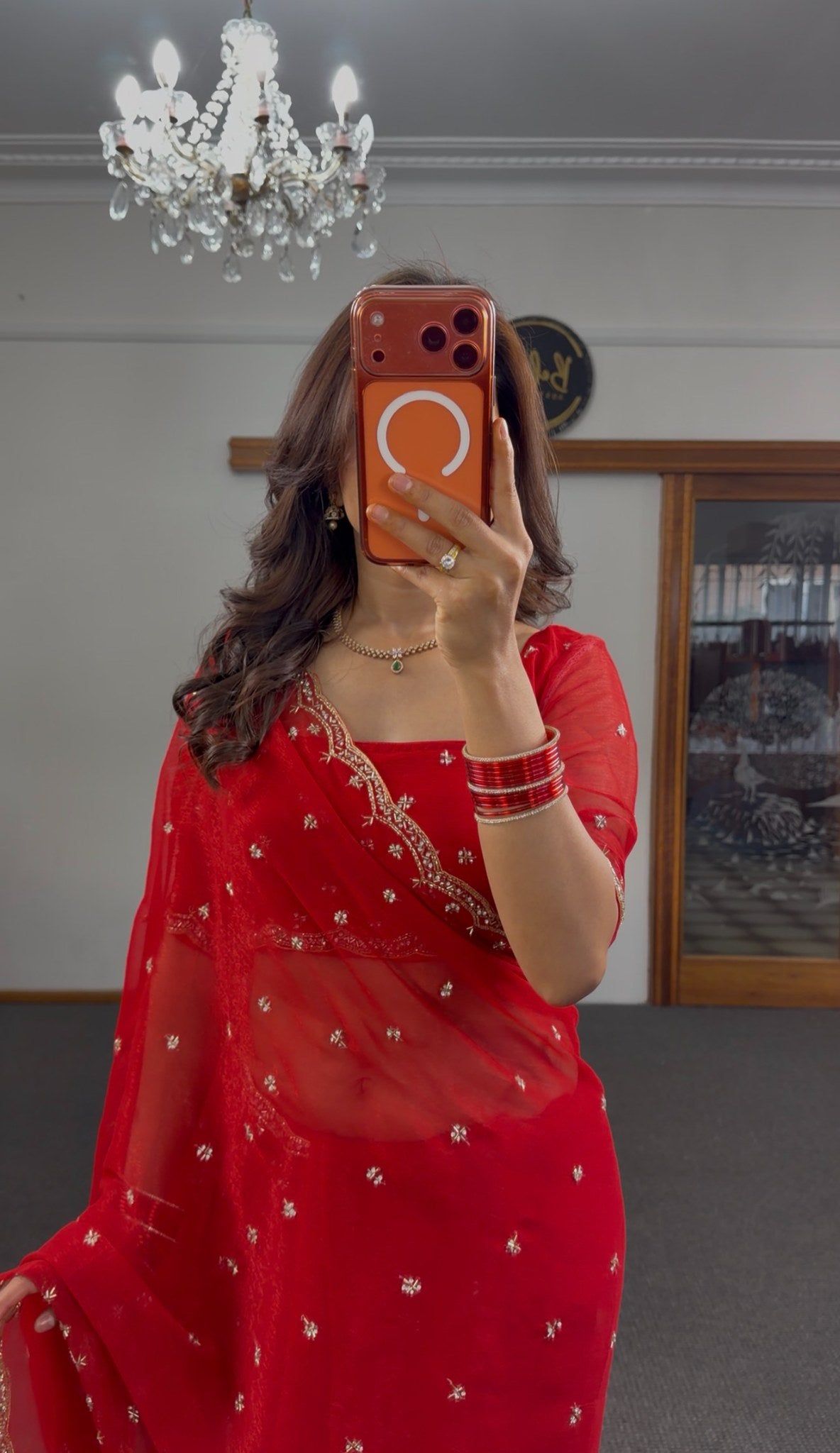 Scarlet red organza saree with gold zari floral butti embroidery and embroidered blouse — Behuli Australia — view 5