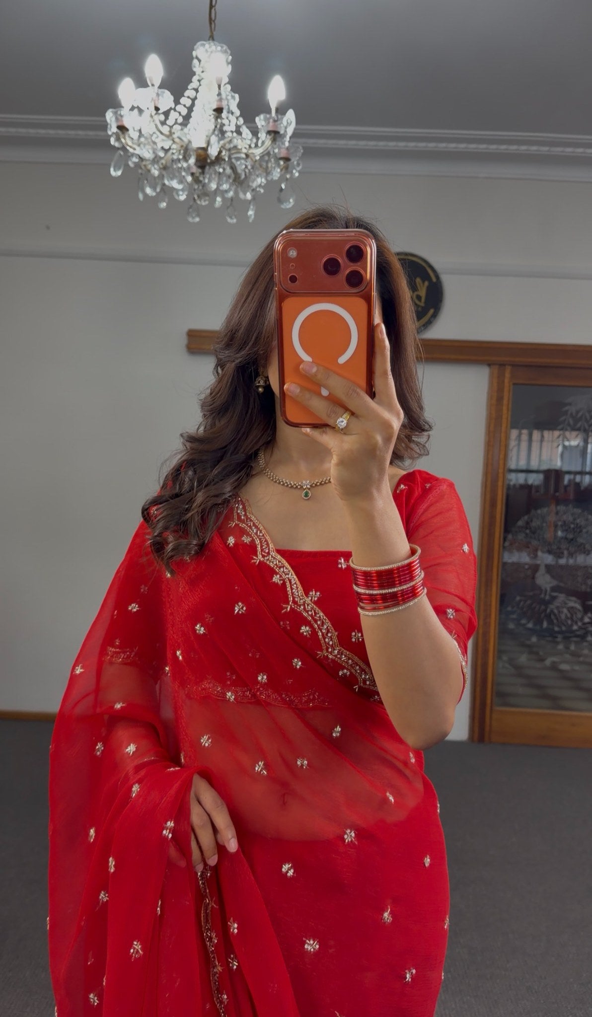 Scarlet red organza saree with gold zari floral butti embroidery and embroidered blouse — Behuli Australia — view 7