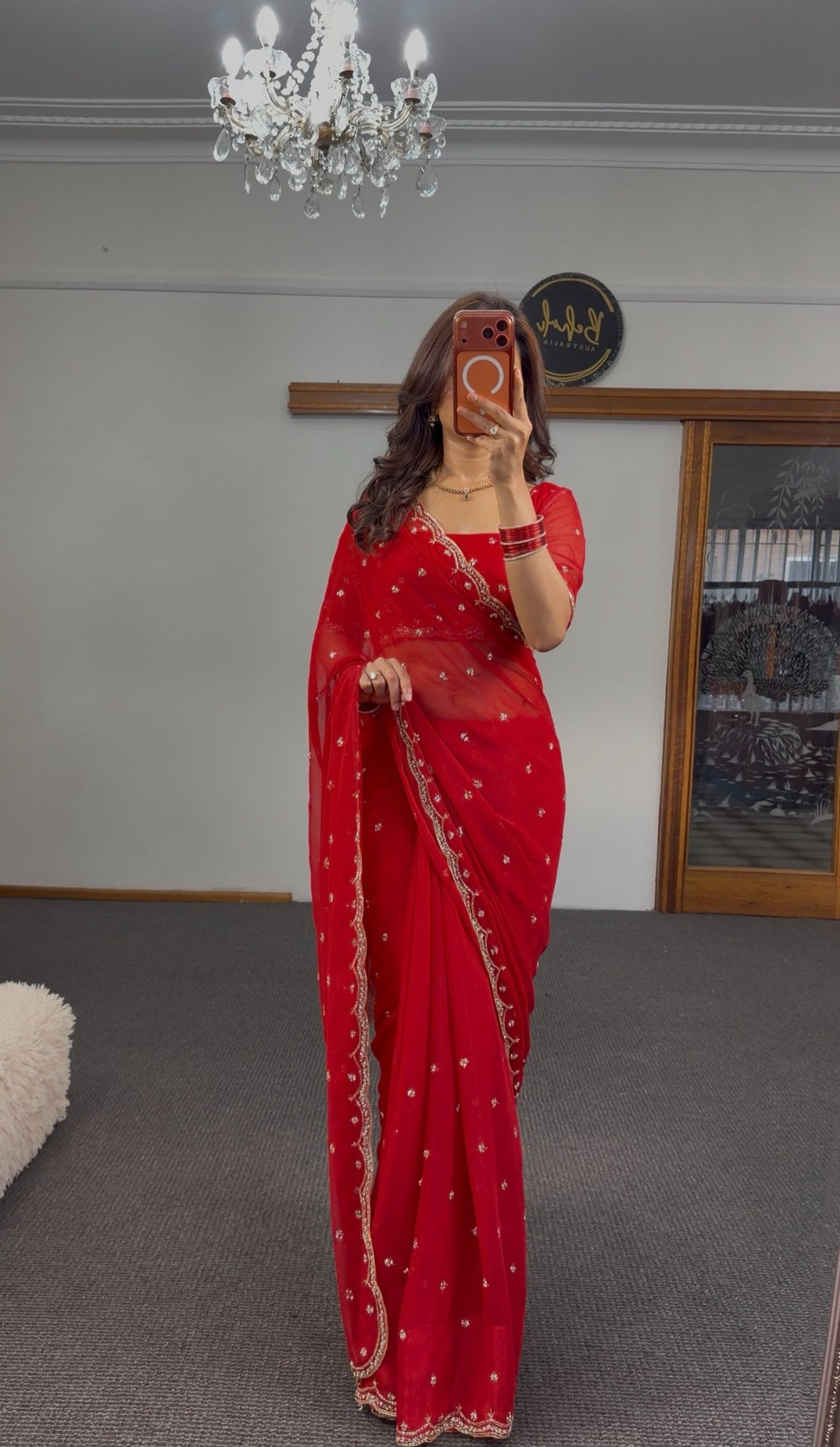 Scarlet red organza saree with gold zari floral butti embroidery and embroidered blouse — Behuli Australia — view 6