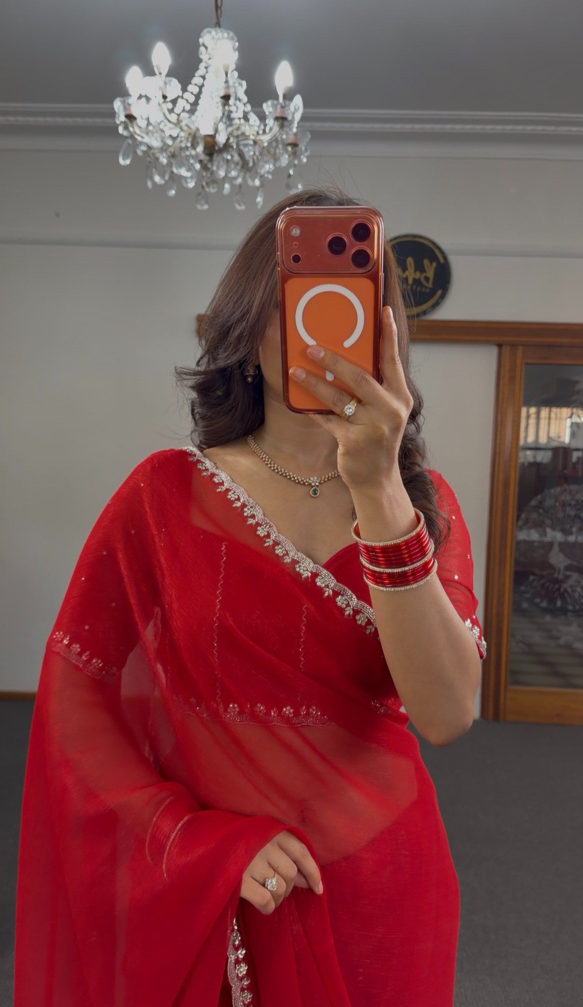 Crimson red chiffon saree with silver zari border and white chikankari paisley motif — Behuli Australia — view 4