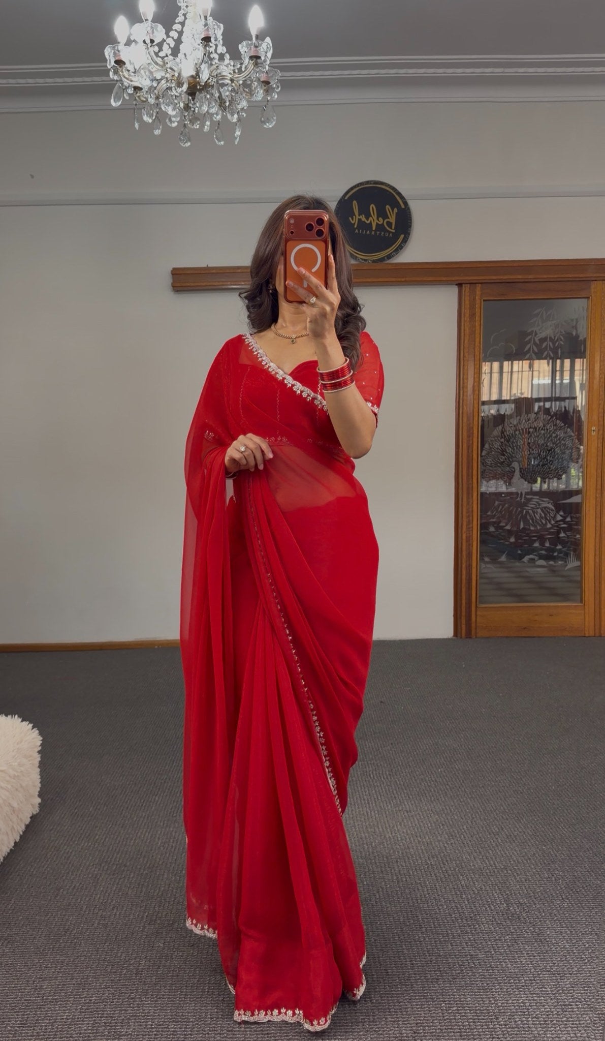Crimson red chiffon saree with silver zari border and white chikankari paisley motif — Behuli Australia — view 3