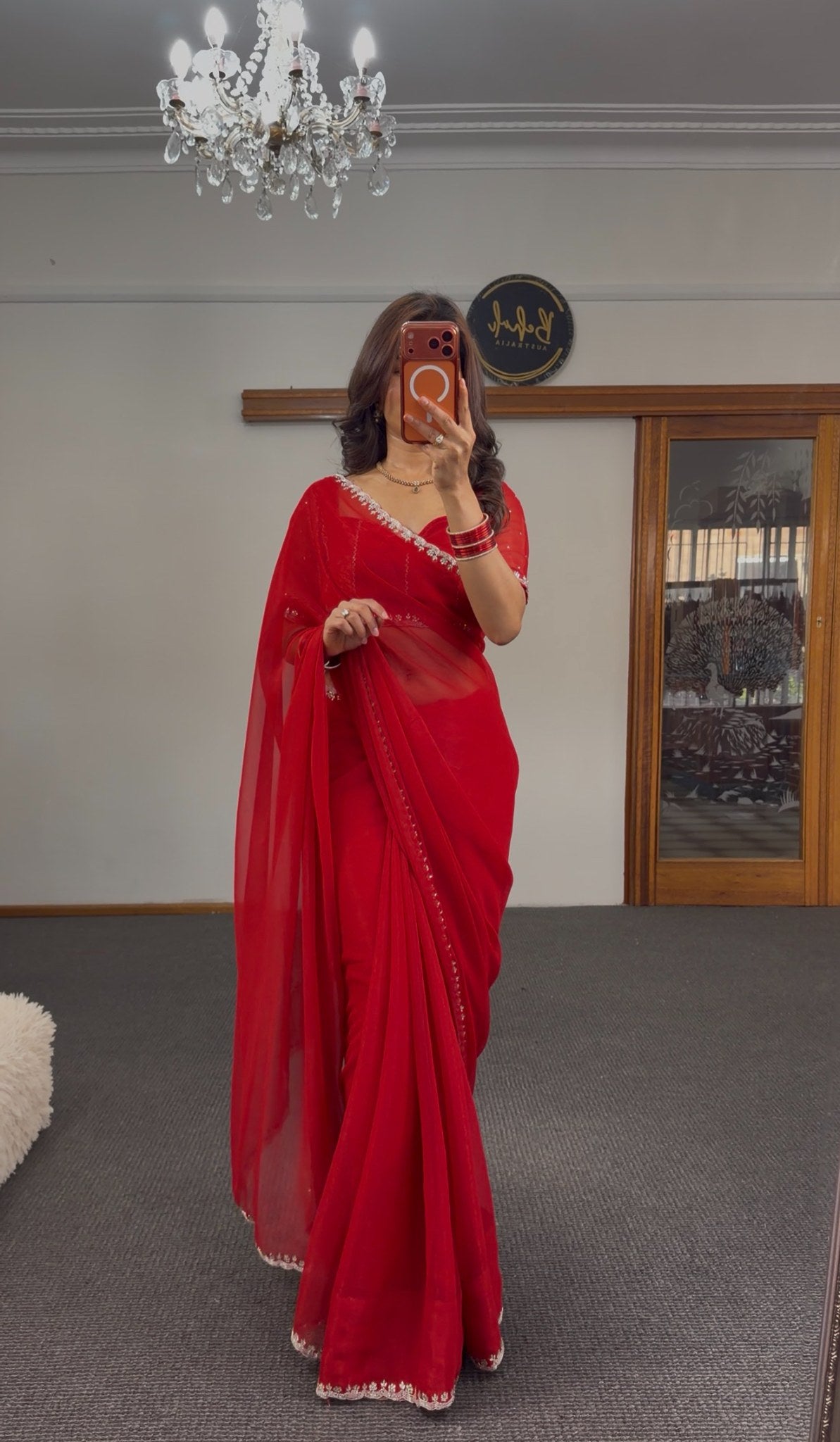 Crimson red chiffon saree with silver zari border and white chikankari paisley motif — Behuli Australia — view 2