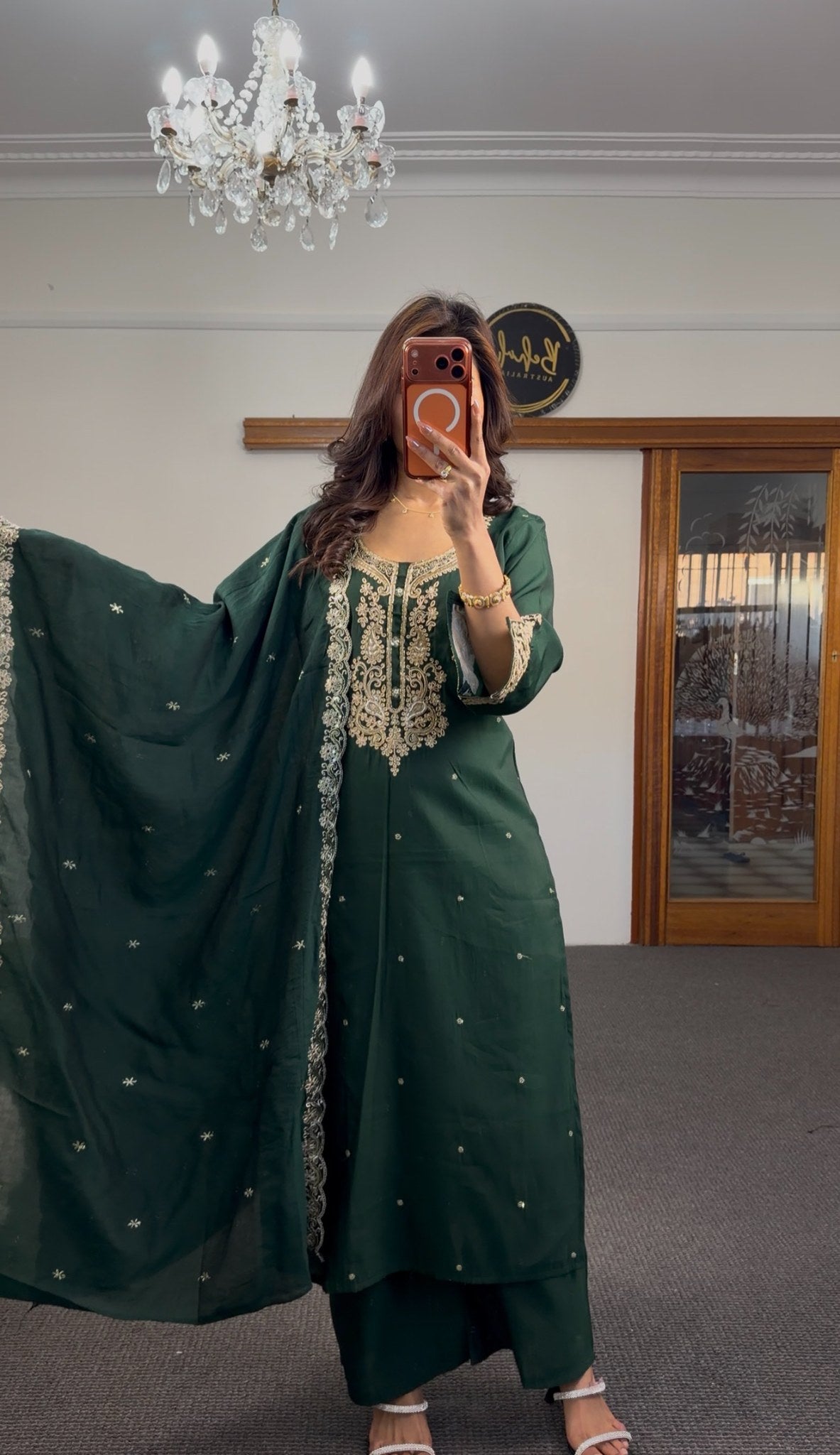Forest green rayon kurti set with gold zari embroidered neckline, matching palazzo pants and embroidered dupatta — Behuli