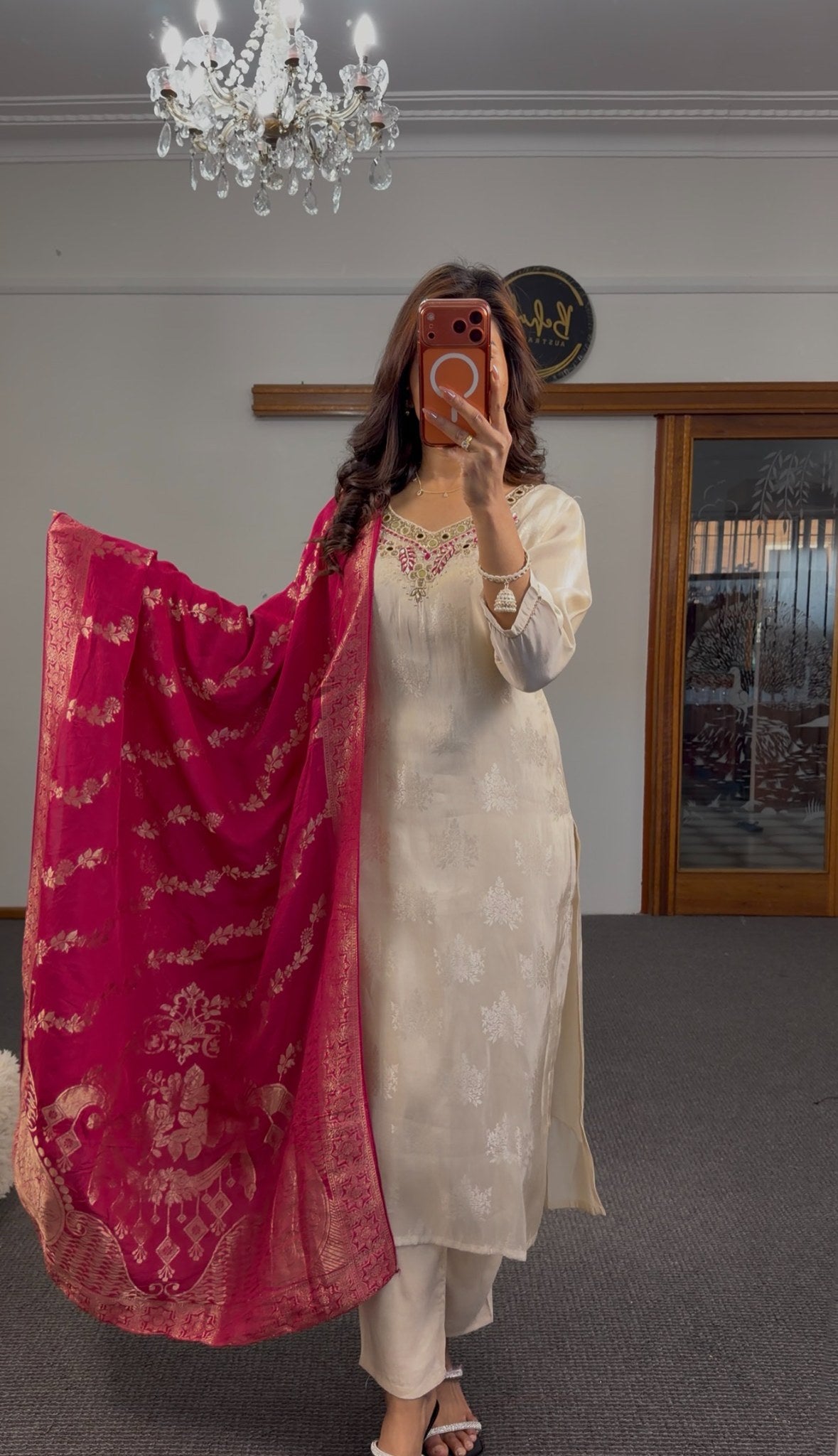 Ivory silk jacquard kurti set with kundan mirror neckline and fuchsia Banarasi zari dupatta — Behuli Australia