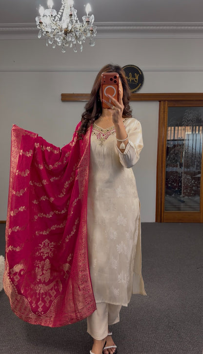 Ivory Kundan silk kurti set with fuchsia Banarasi dupatta in Australia — Behuli