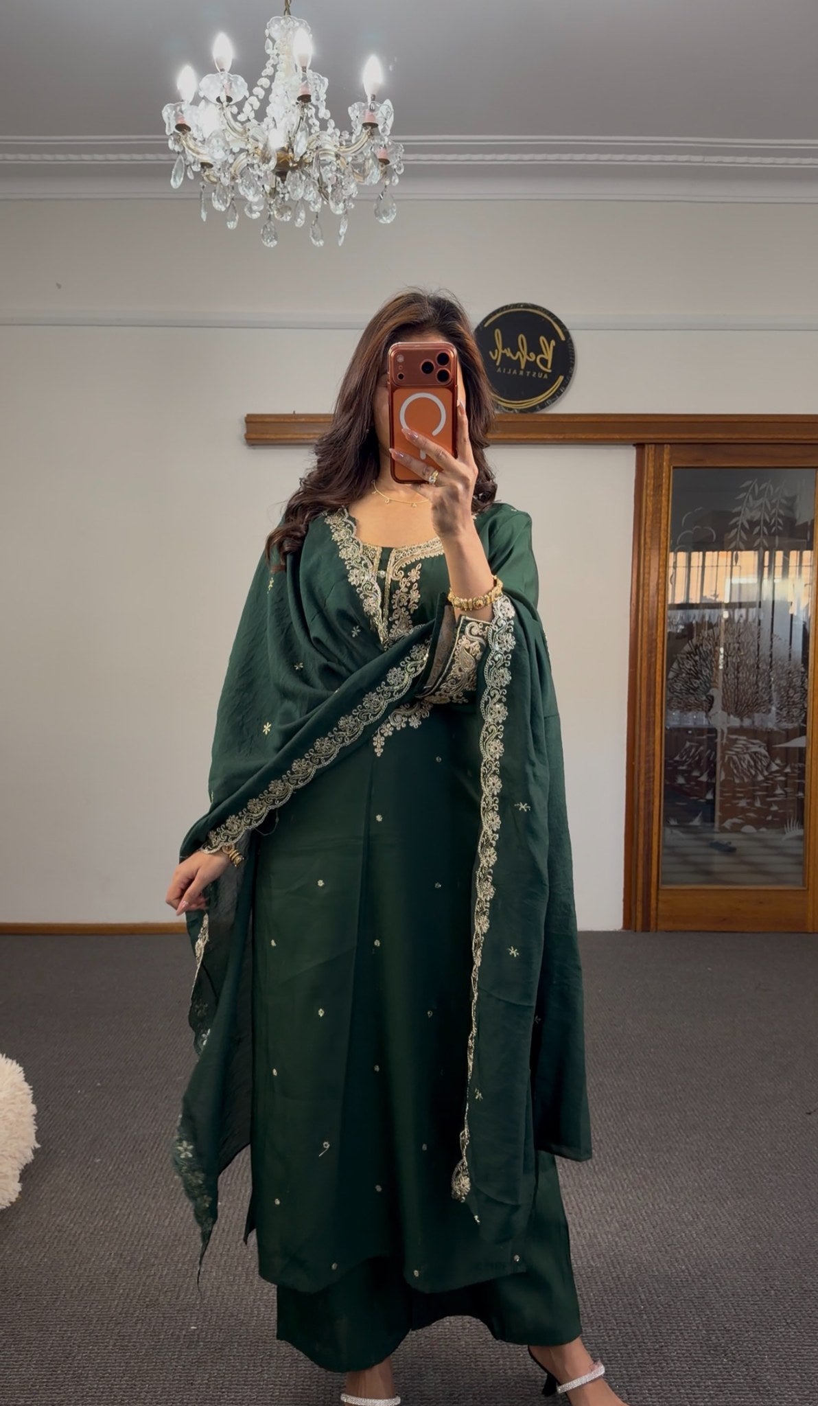 Forest green rayon kurti set with gold zari embroidered neckline, matching palazzo pants and embroidered dupatta — Behuli — view 4