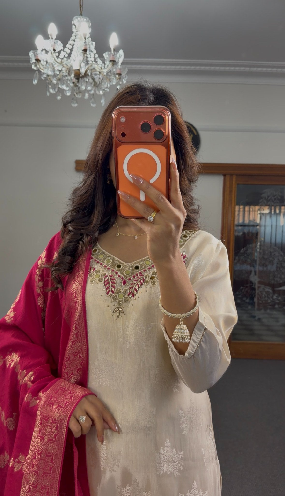 Ivory silk jacquard kurti set with kundan mirror neckline and fuchsia Banarasi zari dupatta — Behuli Australia — view 2