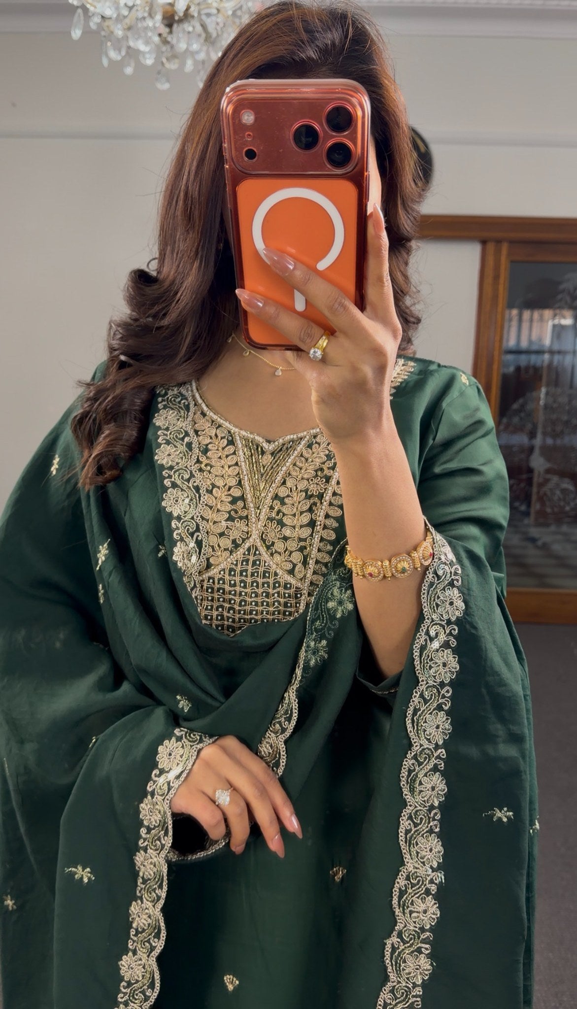 Emerald green palazzo kurti set with gold zari embroidery neckline and matching scalloped dupatta — Behuli Australia — view 3