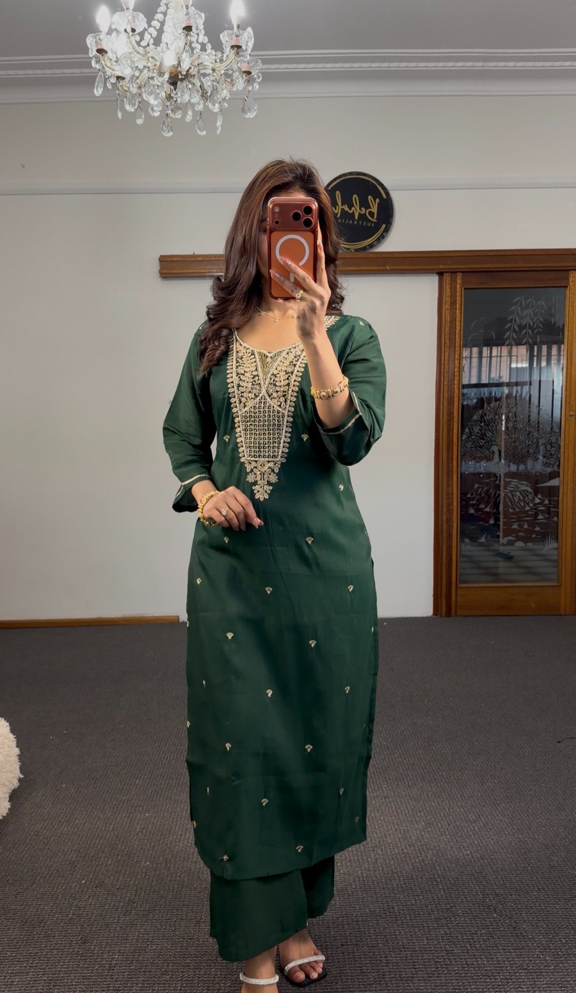 Emerald green palazzo kurti set with gold zari embroidery neckline and matching scalloped dupatta — Behuli Australia — view 4
