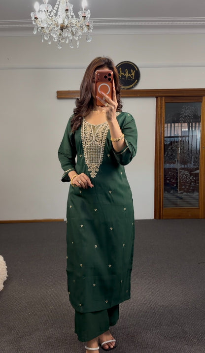 Emerald green palazzo kurti set with gold zari embroidery neckline and matching scalloped dupatta — Behuli Australia — view 4
