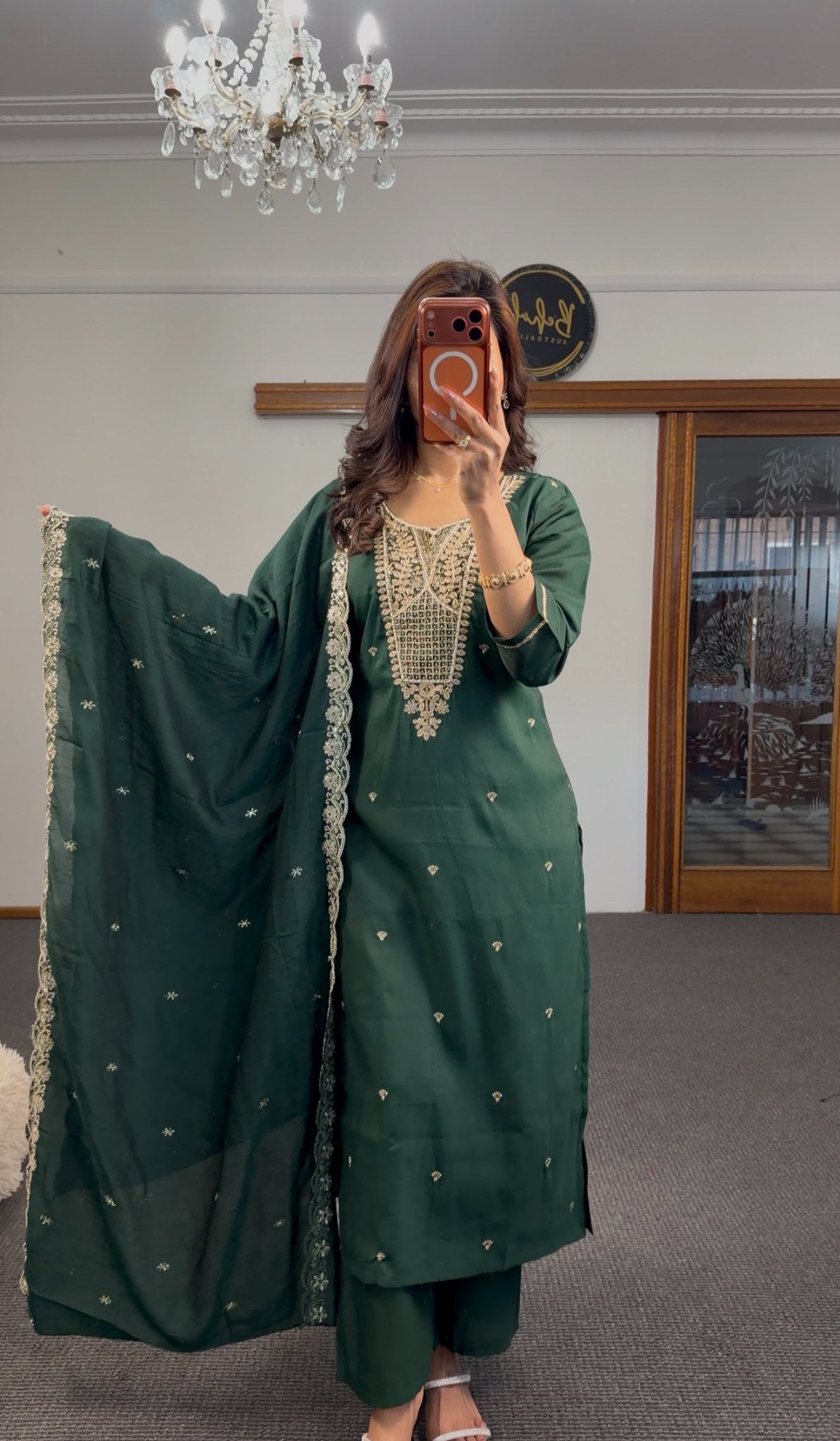 Emerald green palazzo kurti set with gold zari embroidery neckline and matching scalloped dupatta — Behuli Australia — view 2