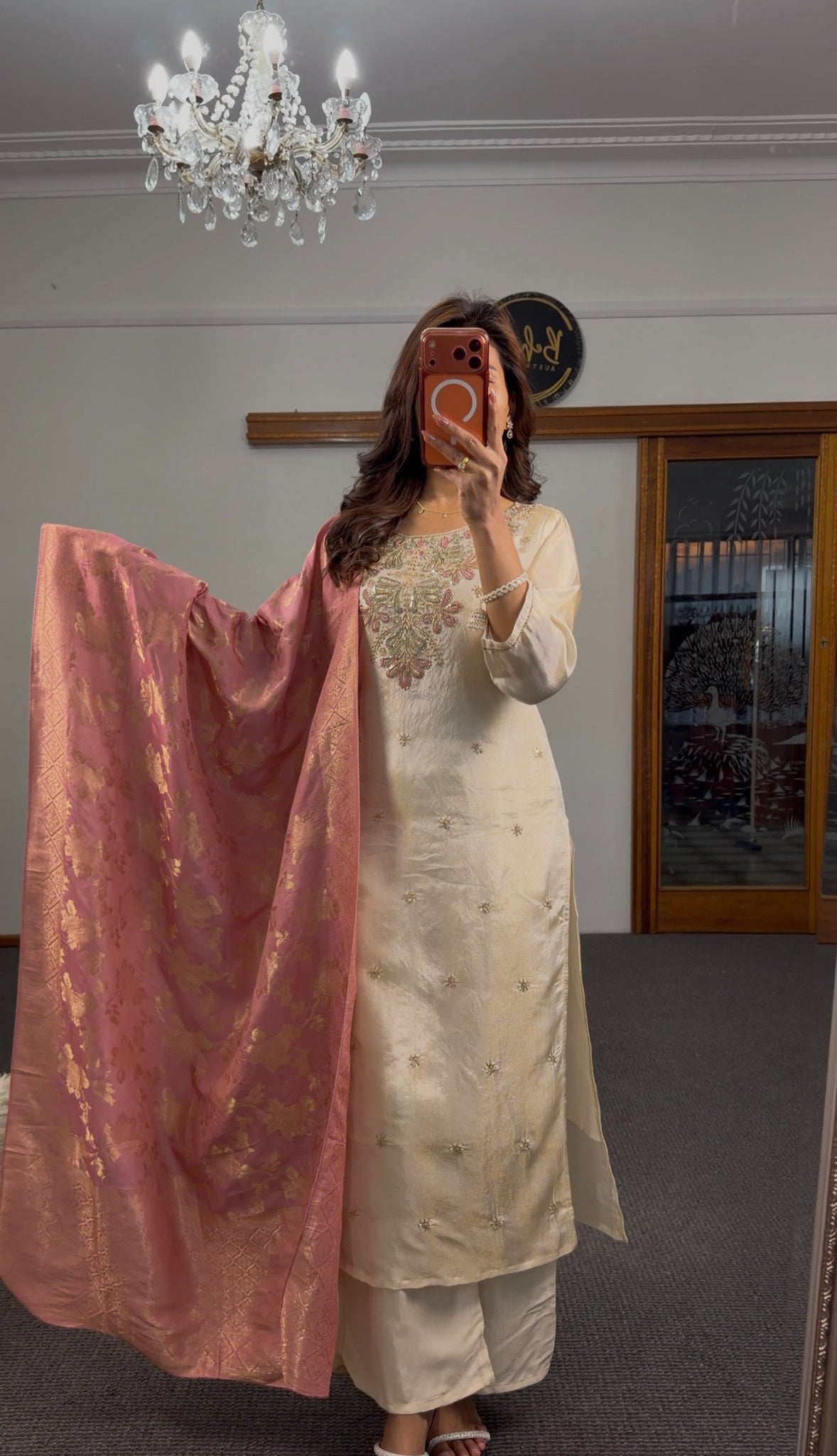 Ivory pure silk kurti set with zari resham embroidery and blush-pink Banarasi brocade dupatta — Behuli Australia