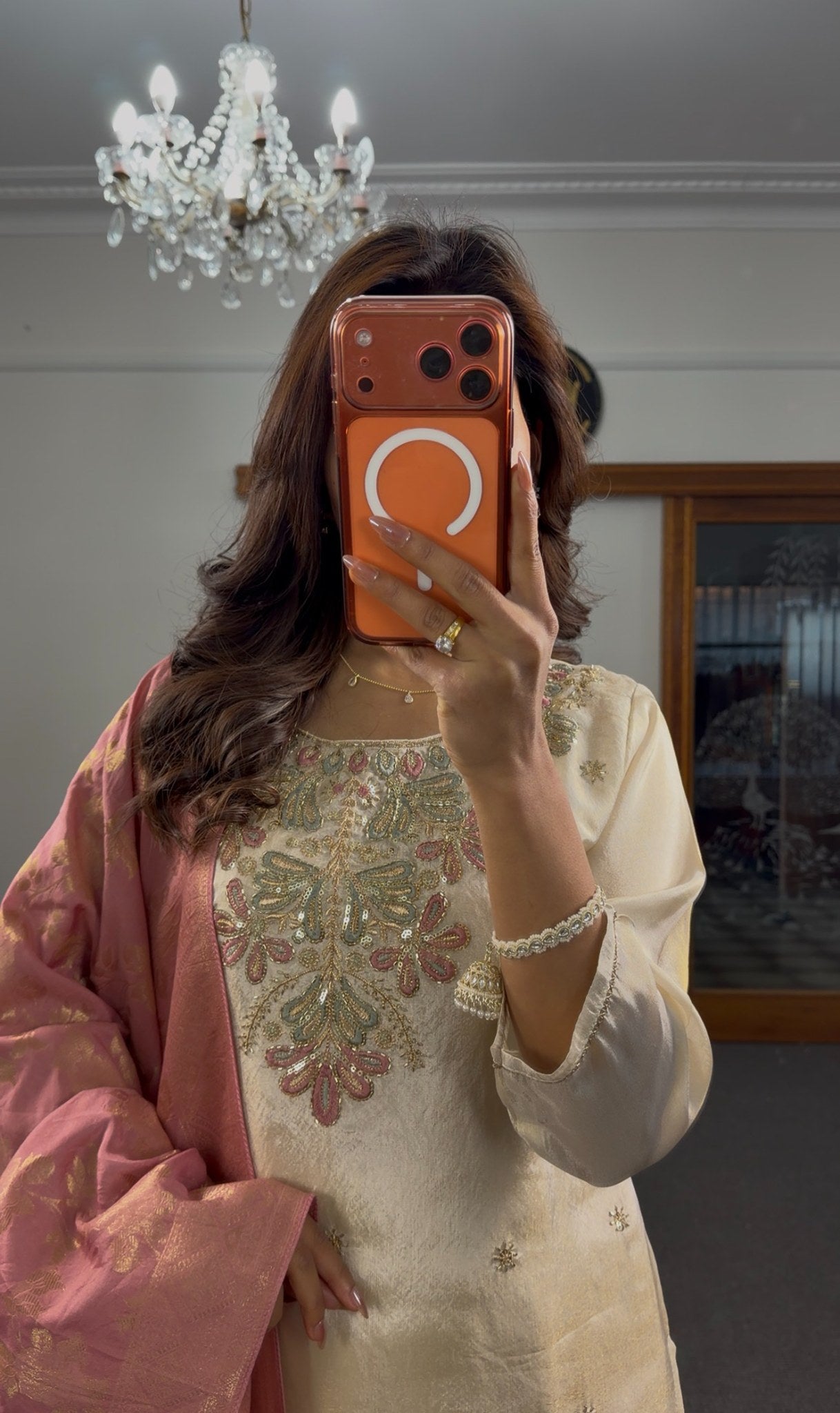 Ivory pure silk kurti set with zari resham embroidery and blush-pink Banarasi brocade dupatta — Behuli Australia — view 2