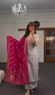 Grey Silk Kurti Set with Fuchsia Banarasi Dupatta
