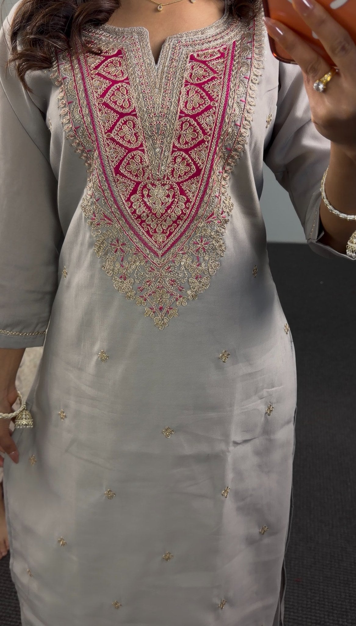 Dove grey silk kurti set with zari resham neckline embroidery and fuchsia Banarasi gold zari dupatta — Behuli Australia — view 5