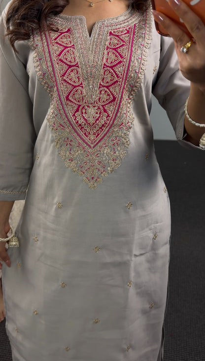 Dove grey silk kurti set with zari resham neckline embroidery and fuchsia Banarasi gold zari dupatta — Behuli Australia — view 5