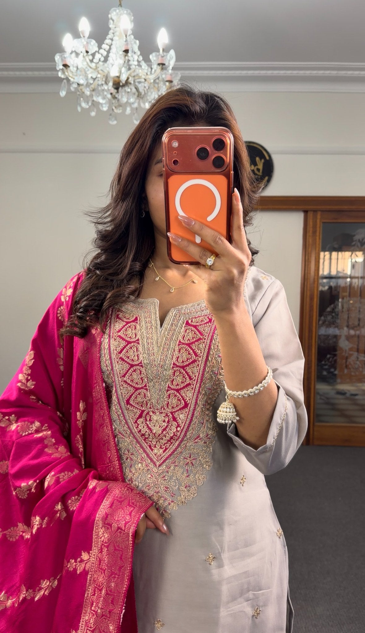 Dove grey silk kurti set with zari resham neckline embroidery and fuchsia Banarasi gold zari dupatta — Behuli Australia — view 2