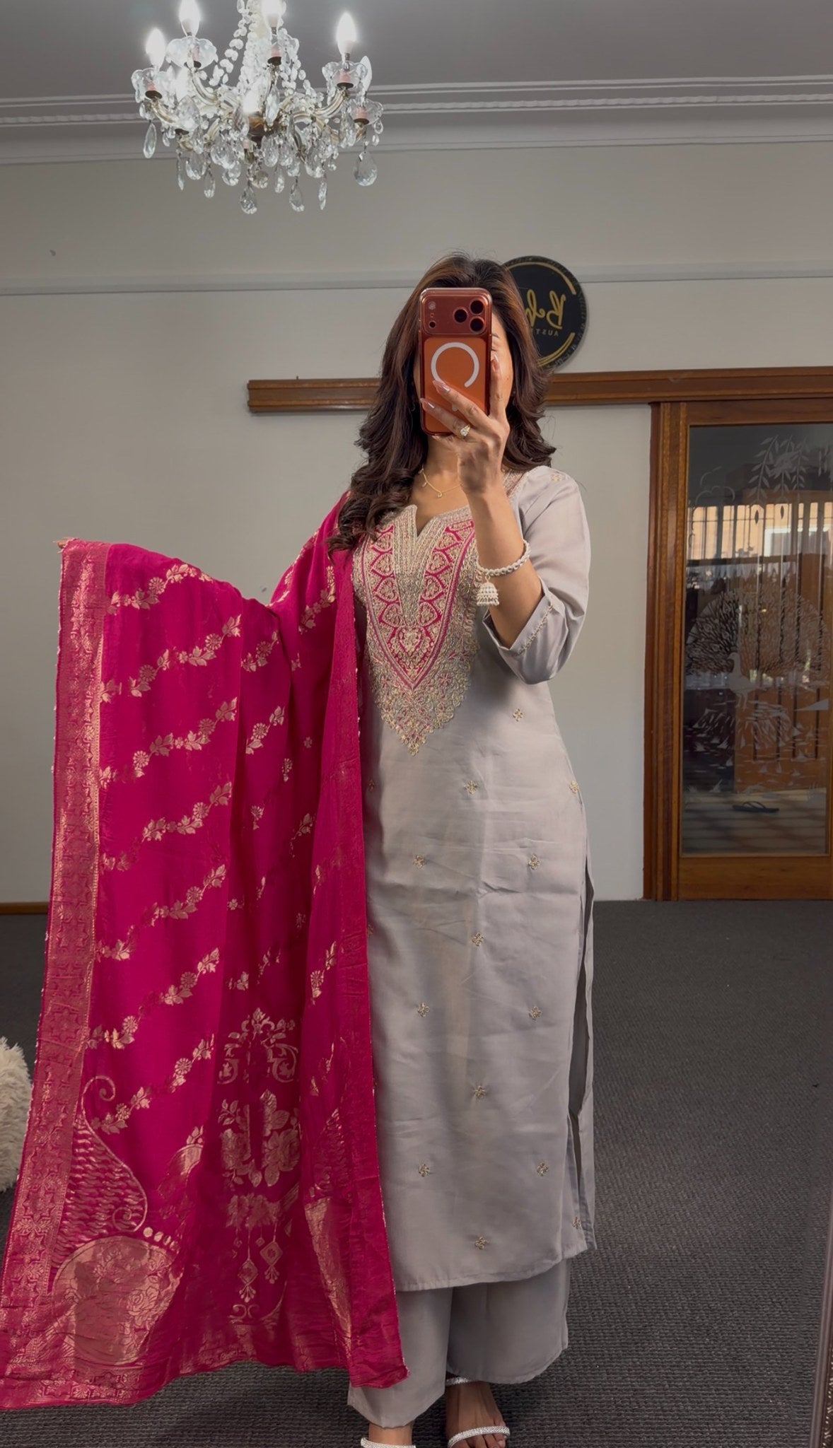 Dove grey silk kurti set with zari resham neckline embroidery and fuchsia Banarasi gold zari dupatta — Behuli Australia — view 3