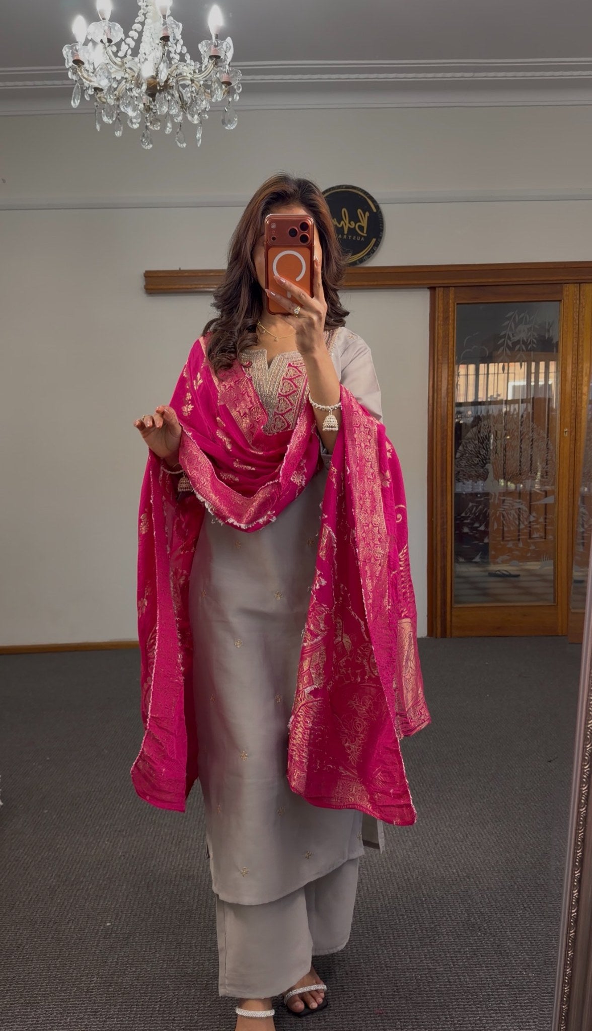 Dove grey silk kurti set with zari resham neckline embroidery and fuchsia Banarasi gold zari dupatta — Behuli Australia — view 4