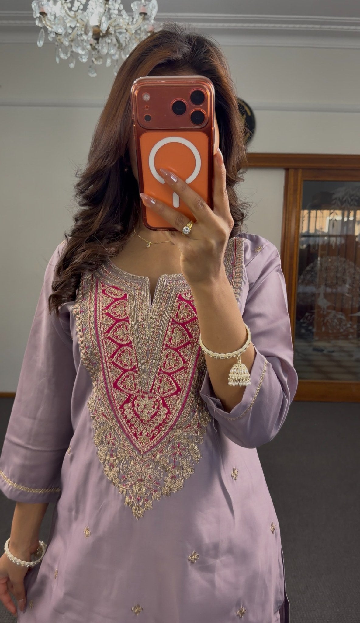 Lavender pure silk kurti set with zari resham neckline embroidery and fuchsia Banarasi gold brocade dupatta — Behuli — view 2