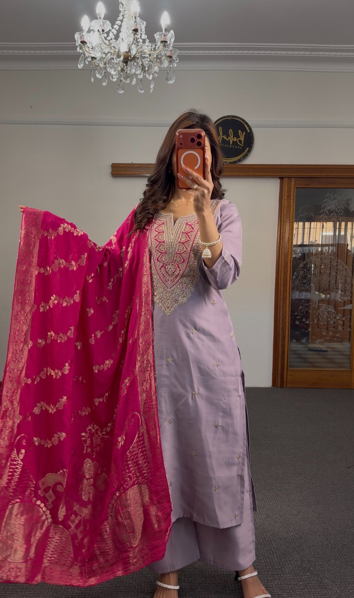 Lavender pure silk kurti set with zari resham neckline embroidery and fuchsia Banarasi gold brocade dupatta — Behuli — view 3