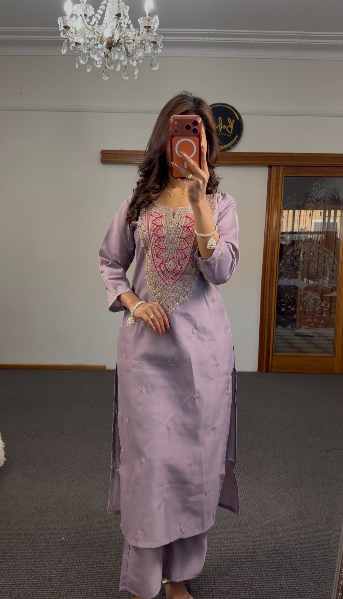 Lavender pure silk kurti set with zari resham neckline embroidery and fuchsia Banarasi gold brocade dupatta — Behuli — view 4