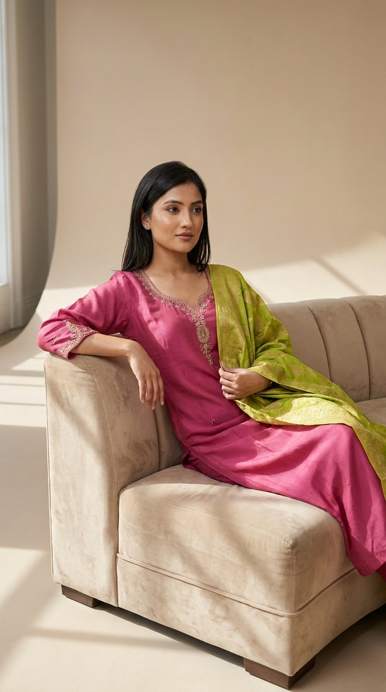 Fuchsia crepe kurti set with gold zari embroidery at neckline and lime green Banarasi jacquard dupatta — Behuli Australia — view 2
