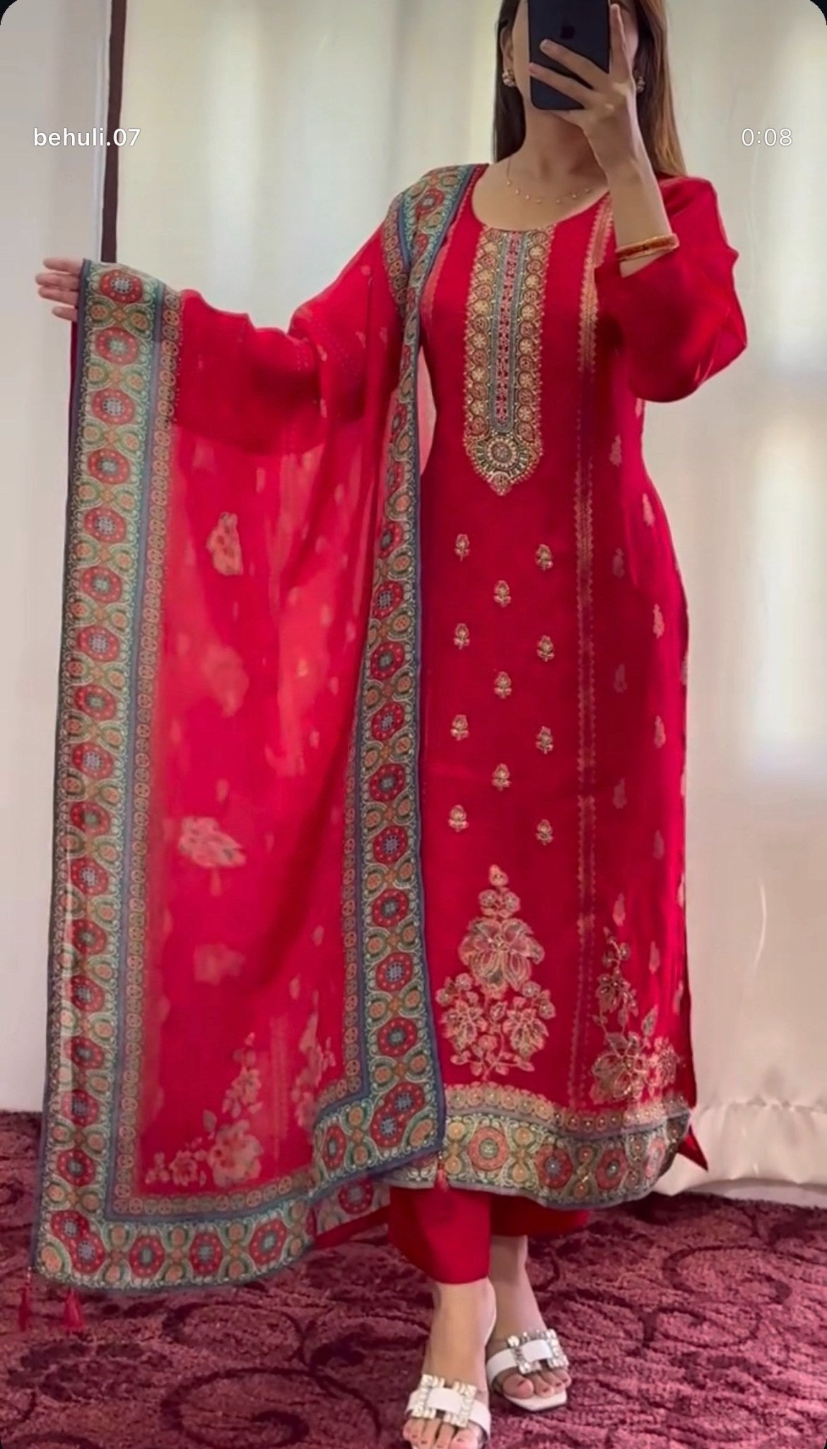 Crimson red pure silk kurti set with zari kundan embroidery, resham neckline detail and teal ajrak-bordered chiffon dupatta