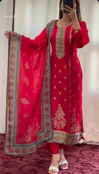 Crimson red pure silk kurti set with zari kundan embroidery, resham neckline detail and teal ajrak-bordered chiffon dupatta