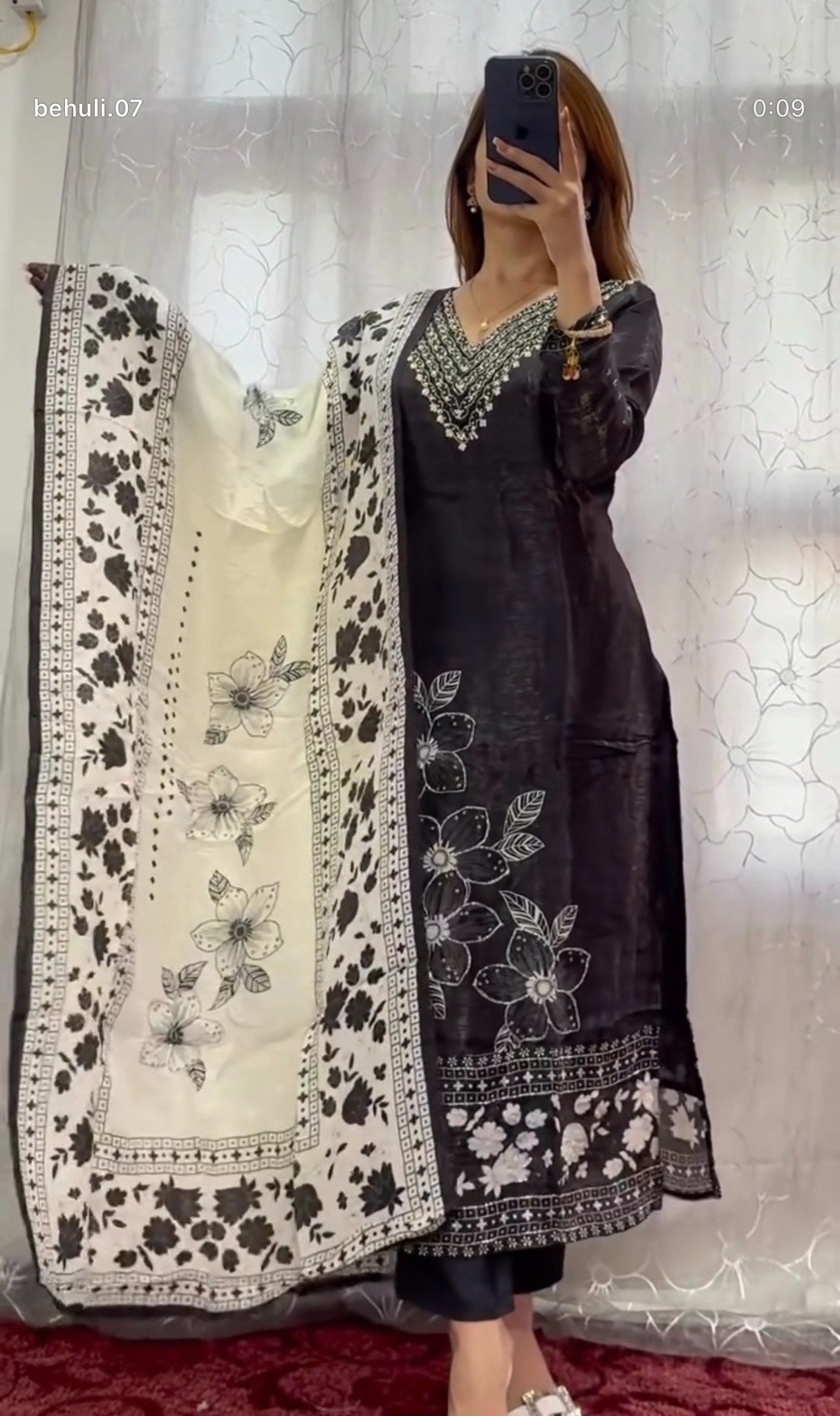 Black cotton kurti set with white floral block print, embellished V-neckline and ivory printed dupatta — Behuli Australia