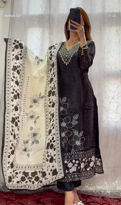 Black cotton kurti set with white floral block print, embellished V-neckline and ivory printed dupatta — Behuli Australia