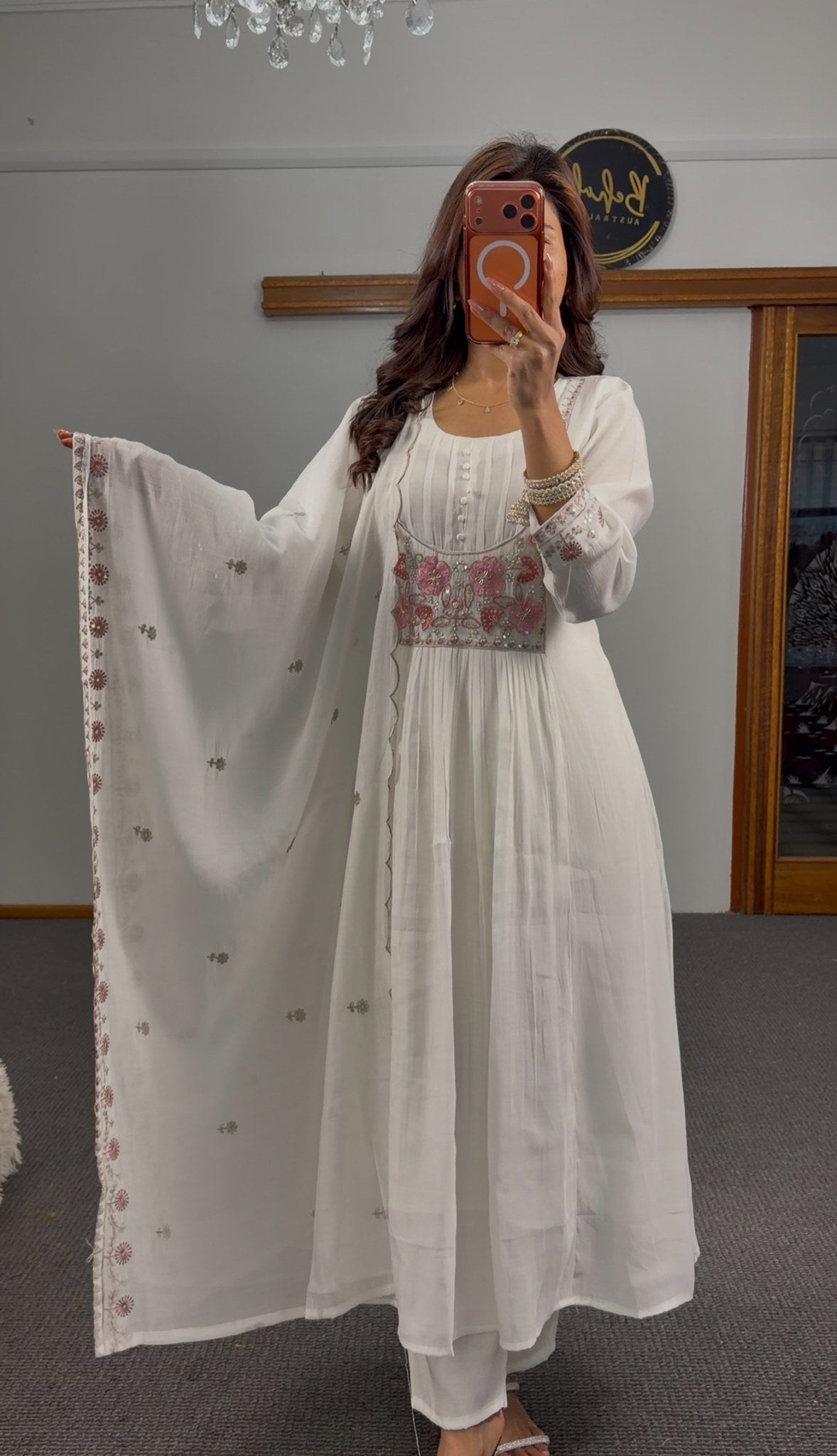 Ivory georgette floor-length Anarkali set with blush pink floral embroidered waistband and scattered motif dupatta — Behuli
