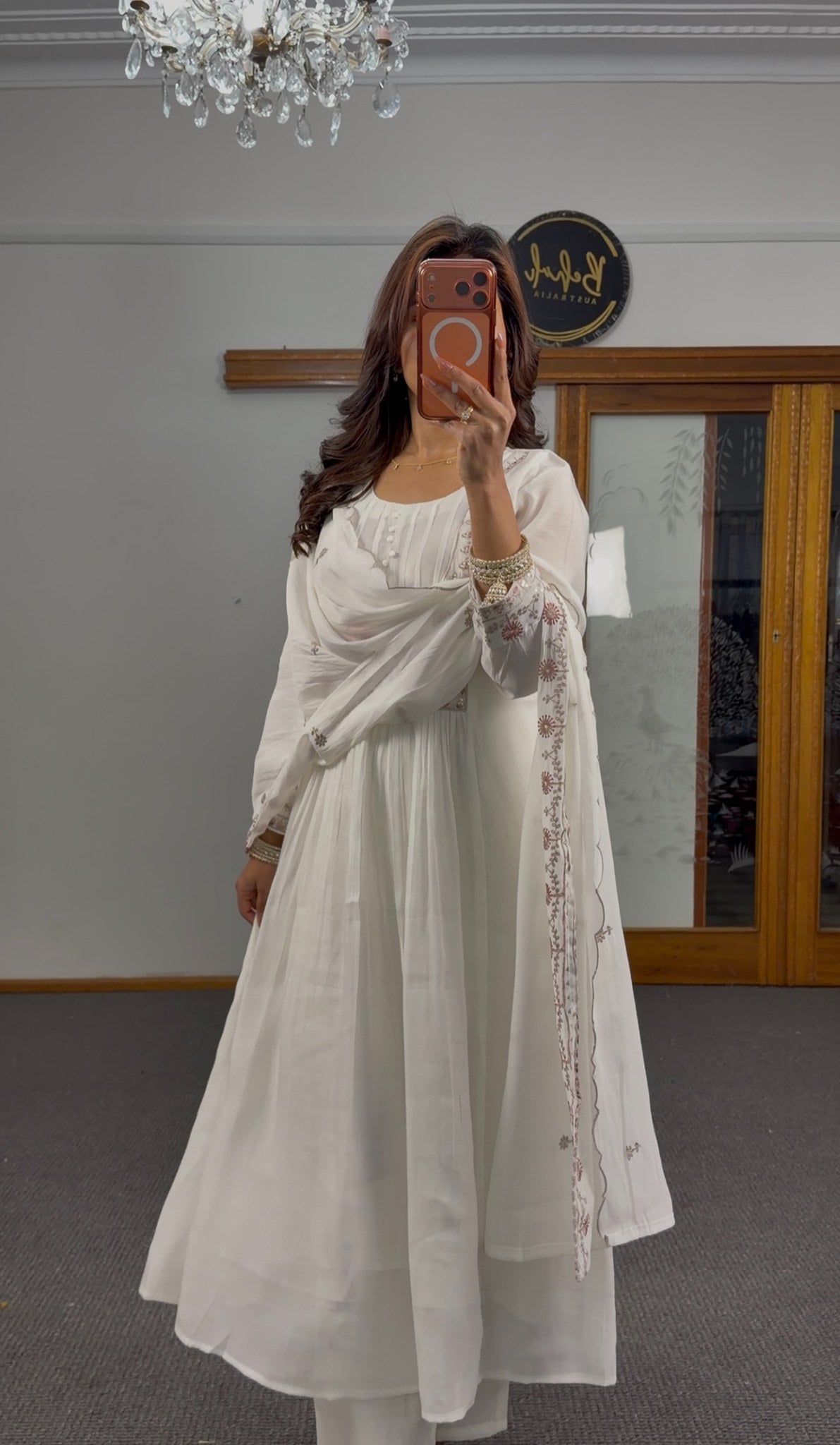 Ivory georgette floor-length Anarkali set with blush pink floral embroidered waistband and scattered motif dupatta — Behuli — view 6