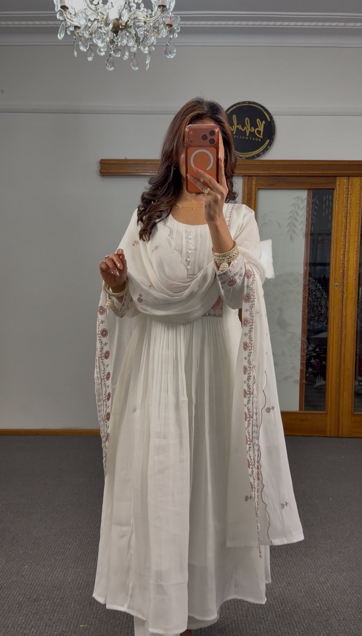 Ivory georgette floor-length Anarkali set with blush pink floral embroidered waistband and scattered motif dupatta — Behuli — view 4