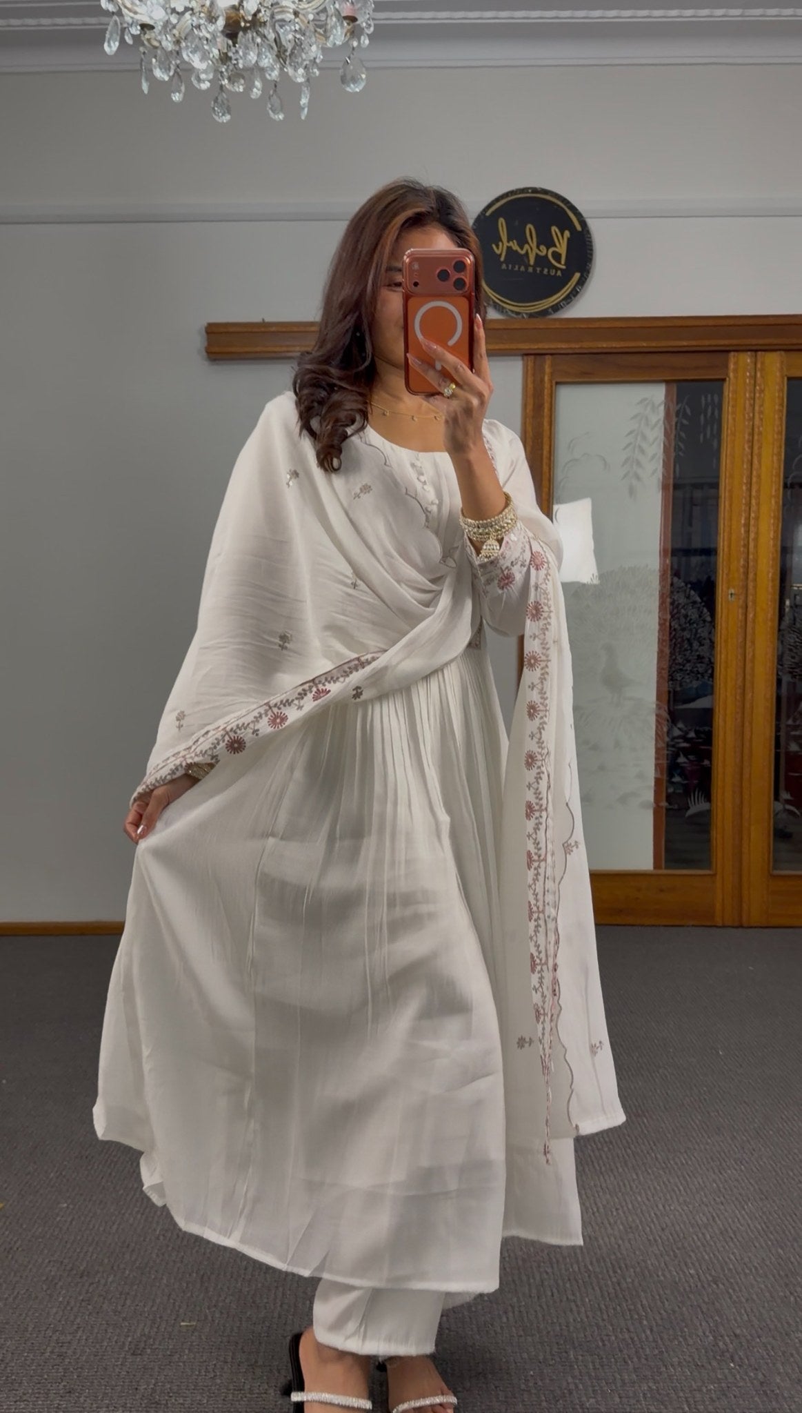 Ivory georgette floor-length Anarkali set with blush pink floral embroidered waistband and scattered motif dupatta — Behuli — view 5
