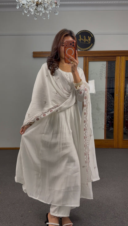 Ivory Cotton  floor-length Anarkali set with blush pink floral embroidered waistband and scattered motif dupatta — Behuli — view 5