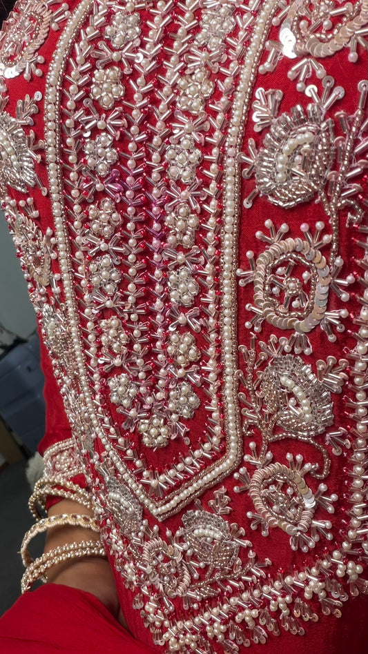Red Chinon Palazzo Suit Set with Handwork