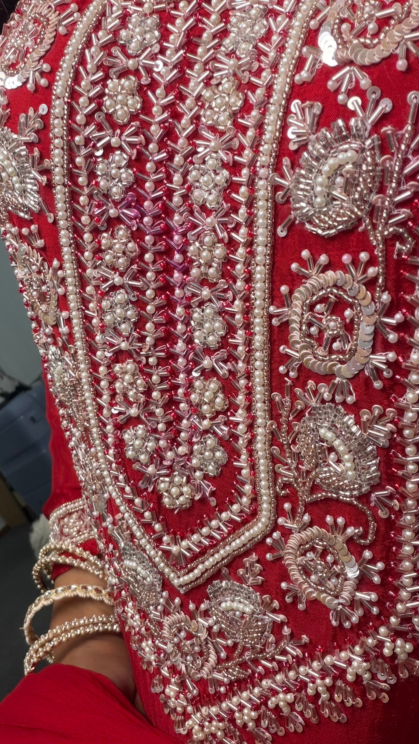 Crimson georgette palazzo suit set with silver zari and resham embroidery on yoke and hem, worn with matching dupatta — — view 2