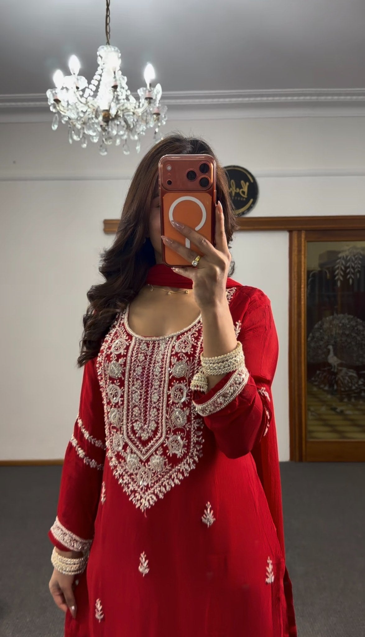 Crimson georgette palazzo suit set with silver zari and resham embroidery on yoke and hem, worn with matching dupatta — — view 3