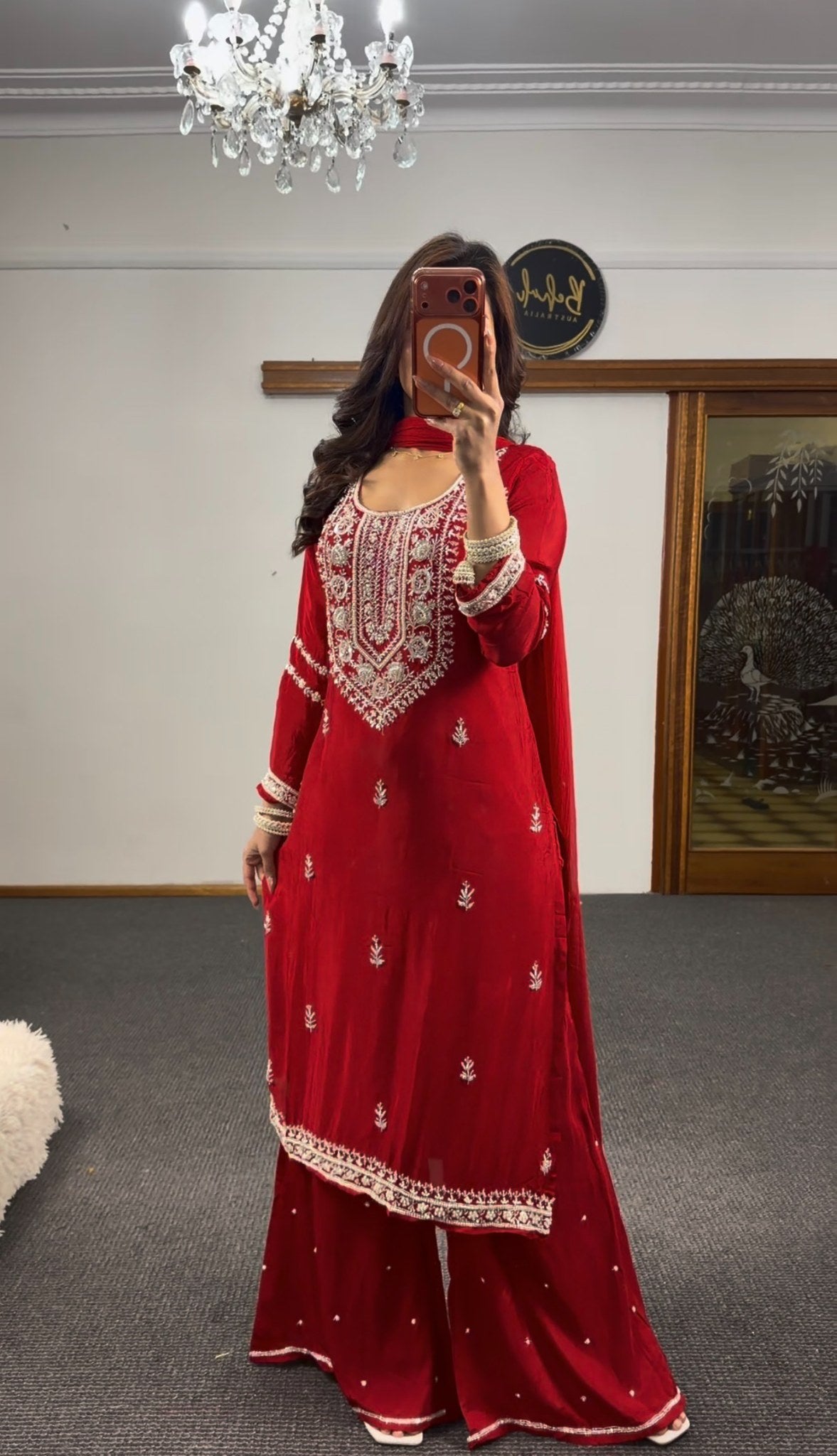 Crimson georgette palazzo suit set with silver zari and resham embroidery on yoke and hem, worn with matching dupatta — — view 4