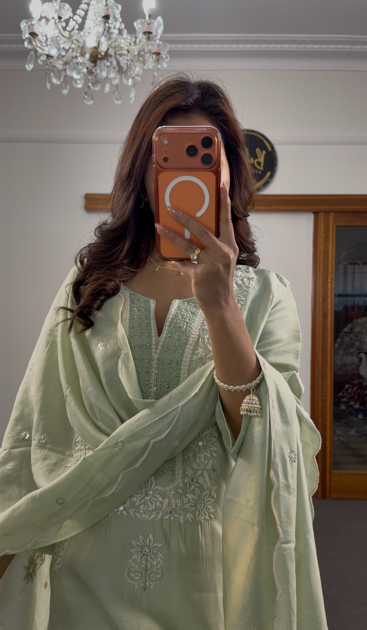 Mint green rayon kurti set with white chikankari floral embroidery, matching palazzo trousers and embroidered dupatta — — view 5