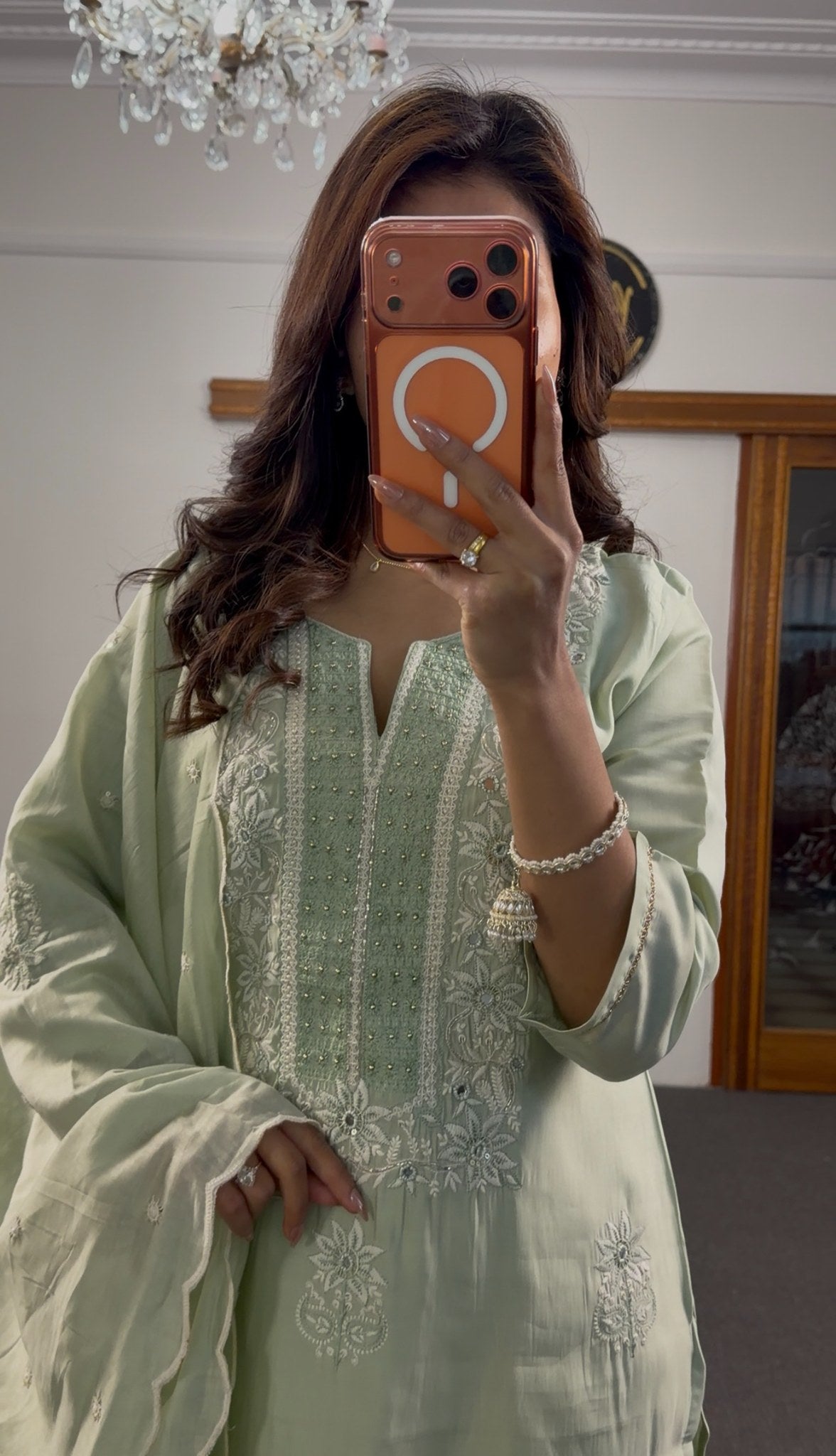 Mint green rayon kurti set with white chikankari floral embroidery, matching palazzo trousers and embroidered dupatta — — view 3