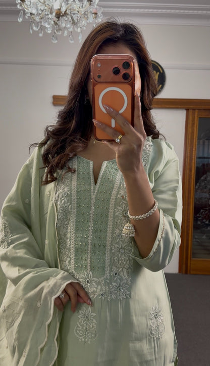 Mint green rayon kurti set with white chikankari floral embroidery, matching palazzo trousers and embroidered dupatta — — view 3