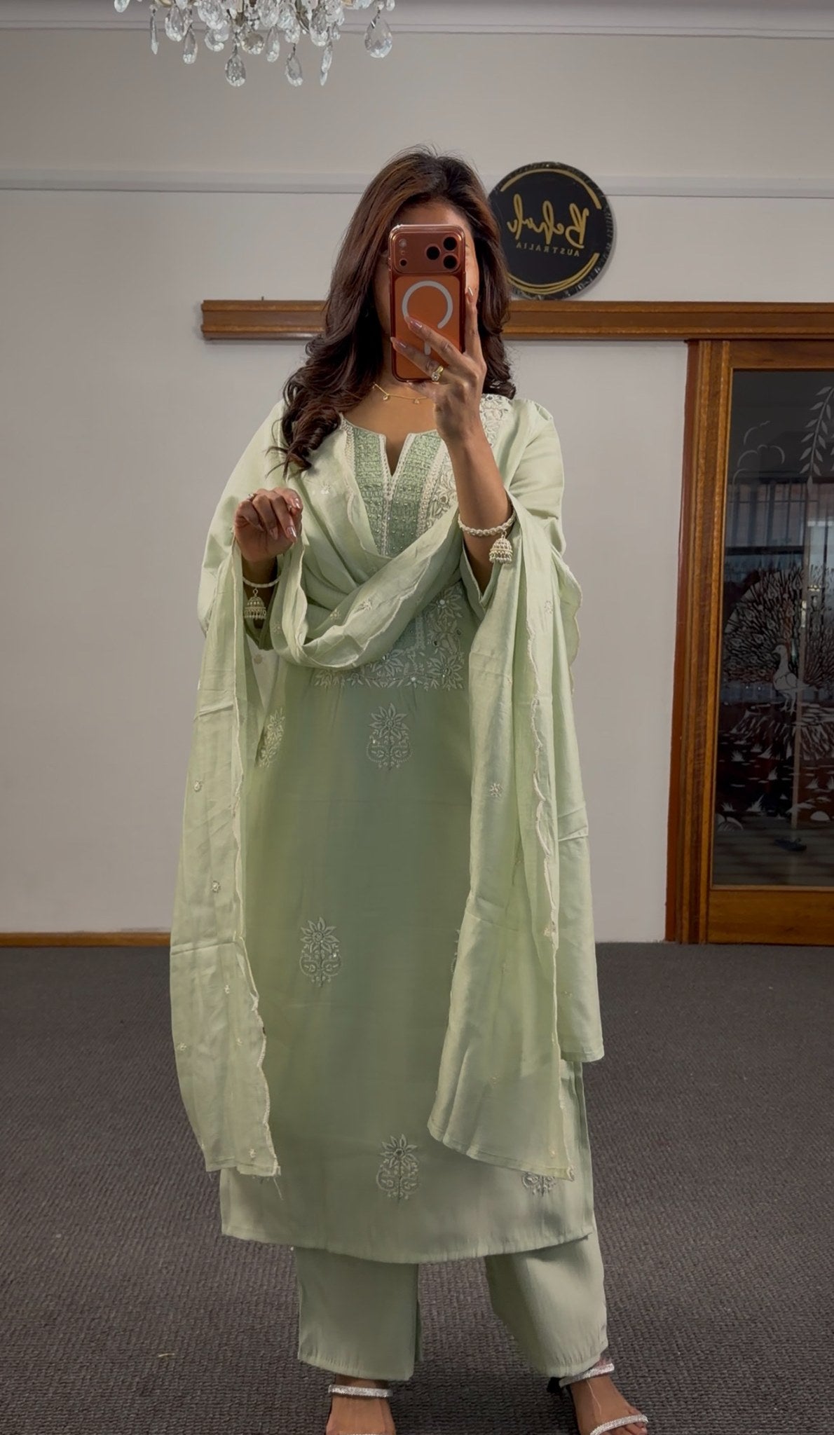 Mint green rayon kurti set with white chikankari floral embroidery, matching palazzo trousers and embroidered dupatta — — view 4