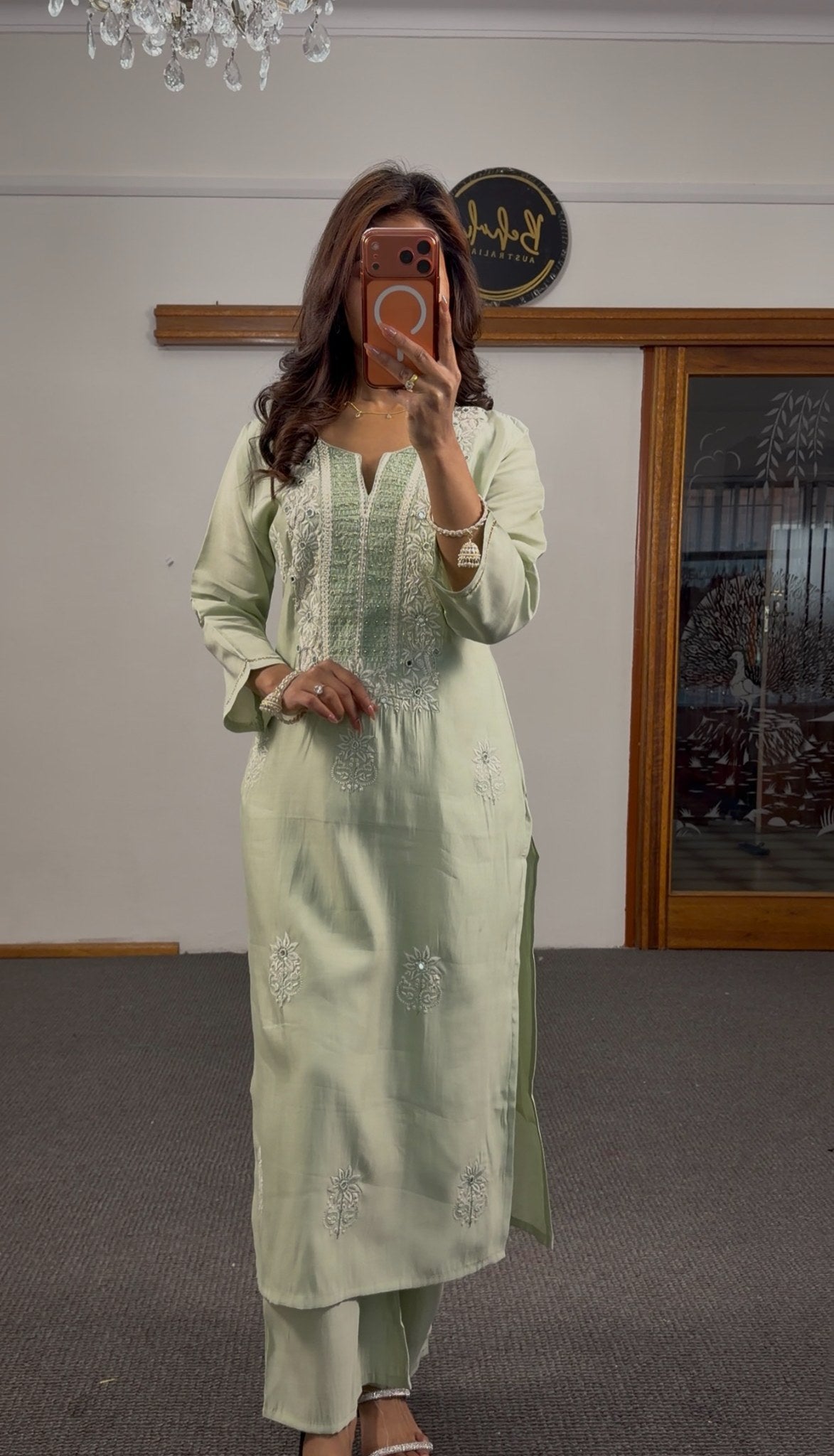 Mint green rayon kurti set with white chikankari floral embroidery, matching palazzo trousers and embroidered dupatta — — view 6