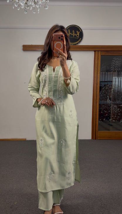 Mint green rayon kurti set with white chikankari floral embroidery, matching palazzo trousers and embroidered dupatta — — view 6