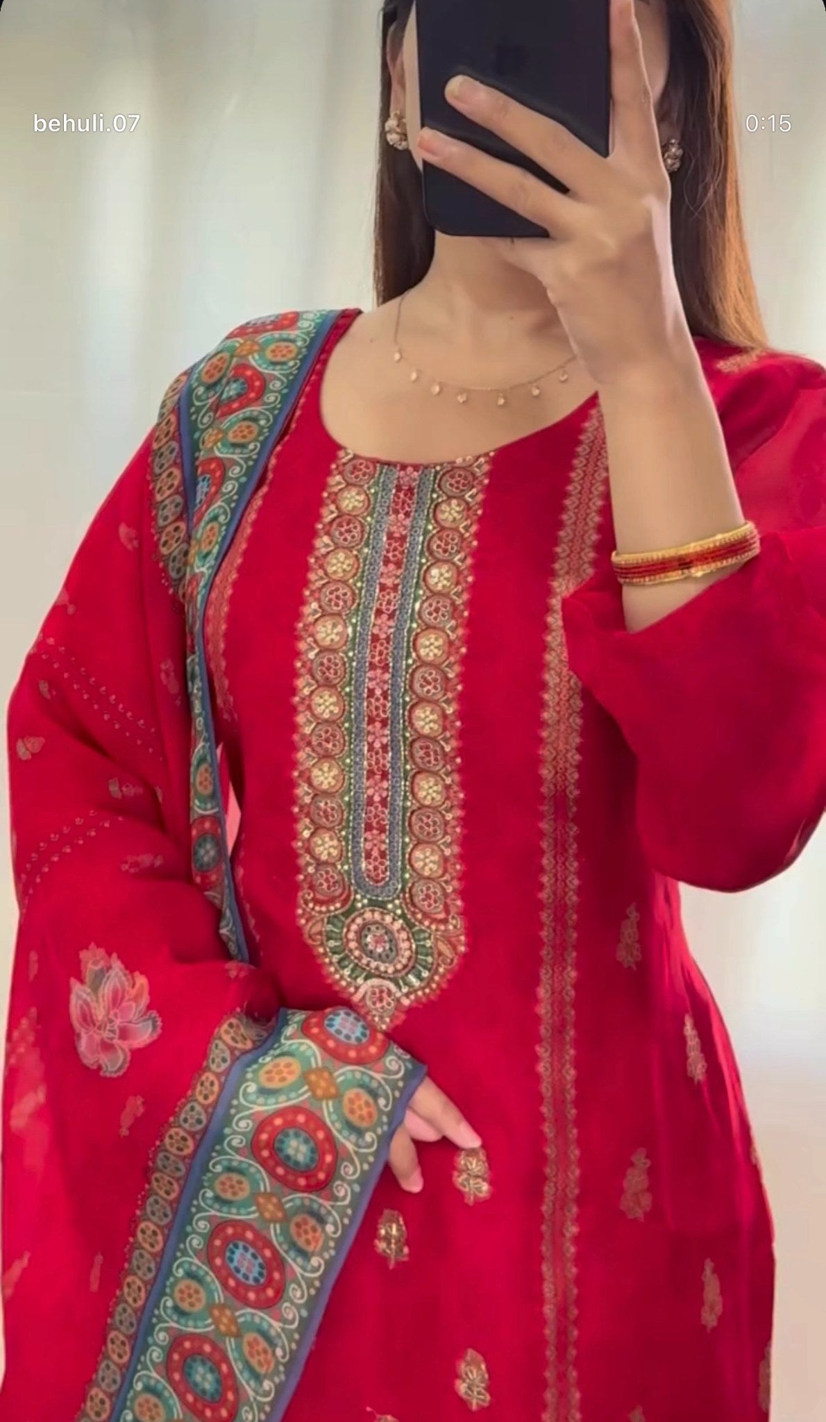 Crimson red pure silk kurti set with zari kundan embroidery, resham neckline detail and teal ajrak-bordered chiffon dupatta — view 2