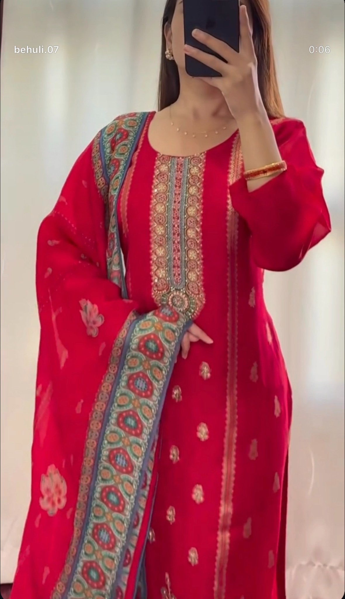 Crimson red pure silk kurti set with zari kundan embroidery, resham neckline detail and teal ajrak-bordered chiffon dupatta — view 3