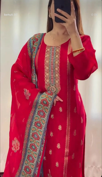 Crimson red pure silk kurti set with zari kundan embroidery, resham neckline detail and teal ajrak-bordered chiffon dupatta — view 3