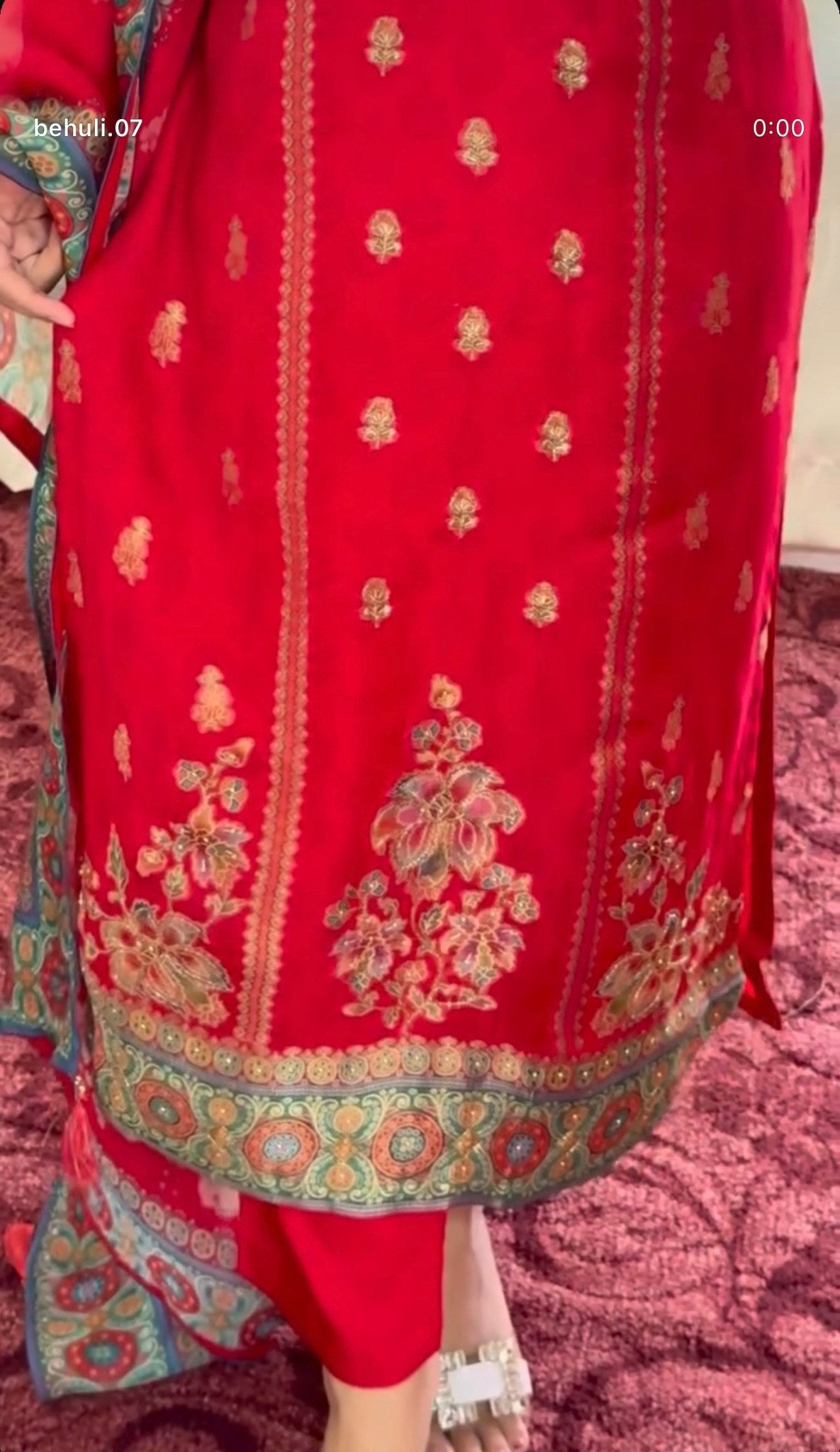 Crimson red pure silk kurti set with zari kundan embroidery, resham neckline detail and teal ajrak-bordered chiffon dupatta — view 4